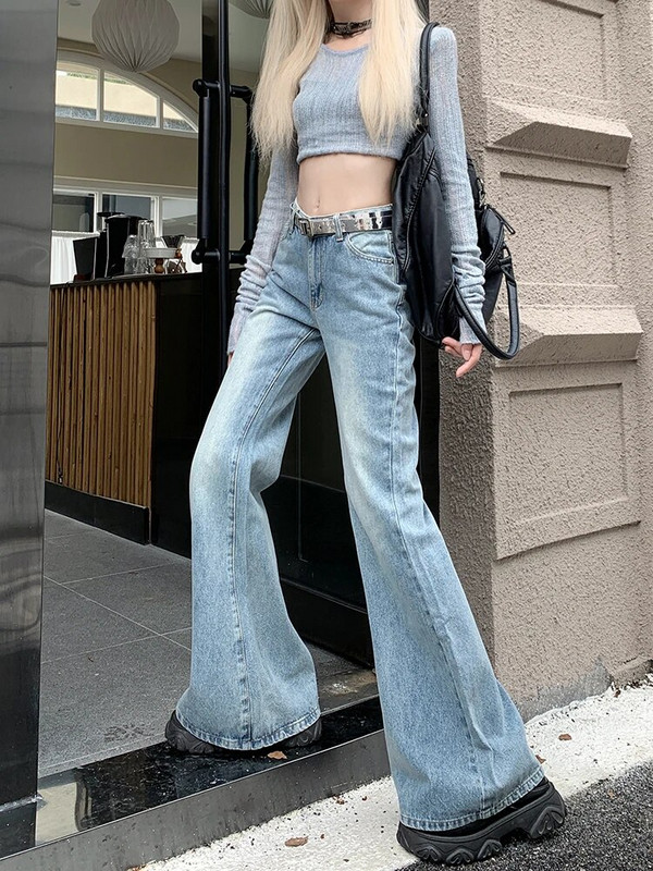 Dámske džínsy so stredným pásom, strečové, slim fit, flare, dámske, Y2K modré, umyté, módne, pohodlné, džínsové nohavice, dievčenské, streetwear, úzke nohavice