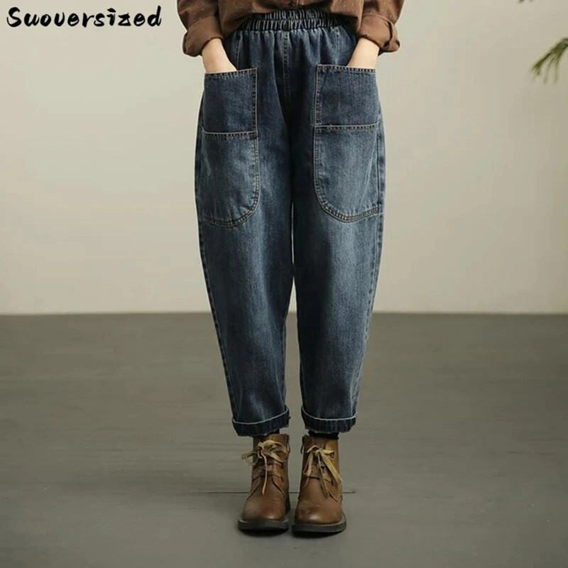 Dámske ležérne elastické džínsy s vysokým pásom, vrecovité háremové džínsy, vintage pantalones, nadrozmerné džínsy