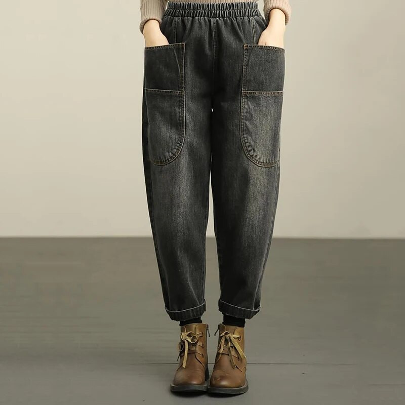 Dámske ležérne elastické džínsy s vysokým pásom, vrecovité háremové džínsy, vintage pantalones, nadrozmerné džínsy