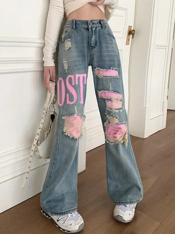 2023 Cyber Y2K Pink Patch Baggy Stacked Ripped Flare Jeans για Γυναικεία Ρούχα Κέντημα Γυναικεία Παντελόνια Τζιν Ropa Mujer