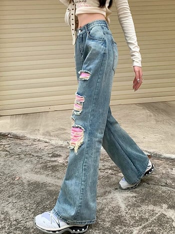 2023 Cyber Y2K Pink Patch Baggy Stacked Ripped Flare Jeans για Γυναικεία Ρούχα Κέντημα Γυναικεία Παντελόνια Τζιν Ropa Mujer