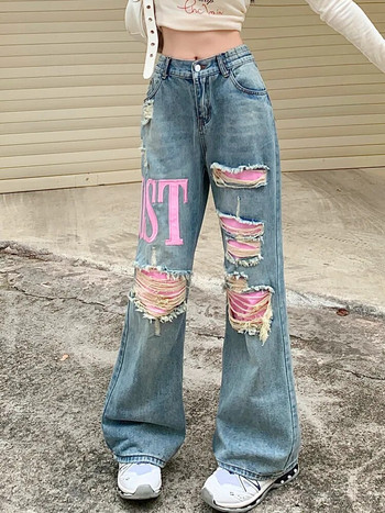 2023 Cyber Y2K Pink Patch Baggy Stacked Ripped Flare Jeans για Γυναικεία Ρούχα Κέντημα Γυναικεία Παντελόνια Τζιν Ropa Mujer