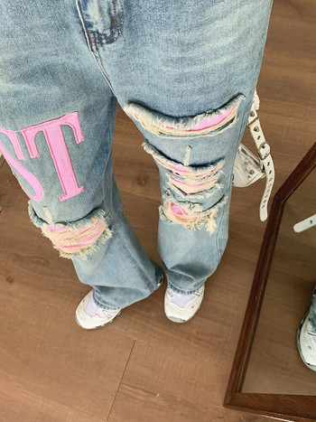 2023 Cyber Y2K Pink Patch Baggy Stacked Ripped Flare Jeans για Γυναικεία Ρούχα Κέντημα Γυναικεία Παντελόνια Τζιν Ropa Mujer