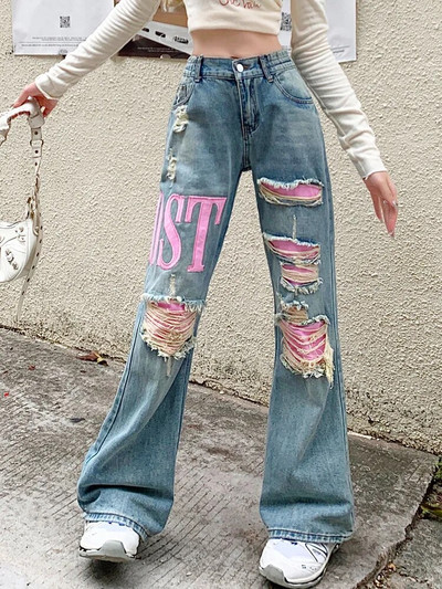 Dámske džínsy s výšivkou, ružovou nášivkou a roztrhaným rozšírením, 2023 Cyber Y2K, oblečenie, dámske džínsy s výšivkou, letter, Ropa Mujer