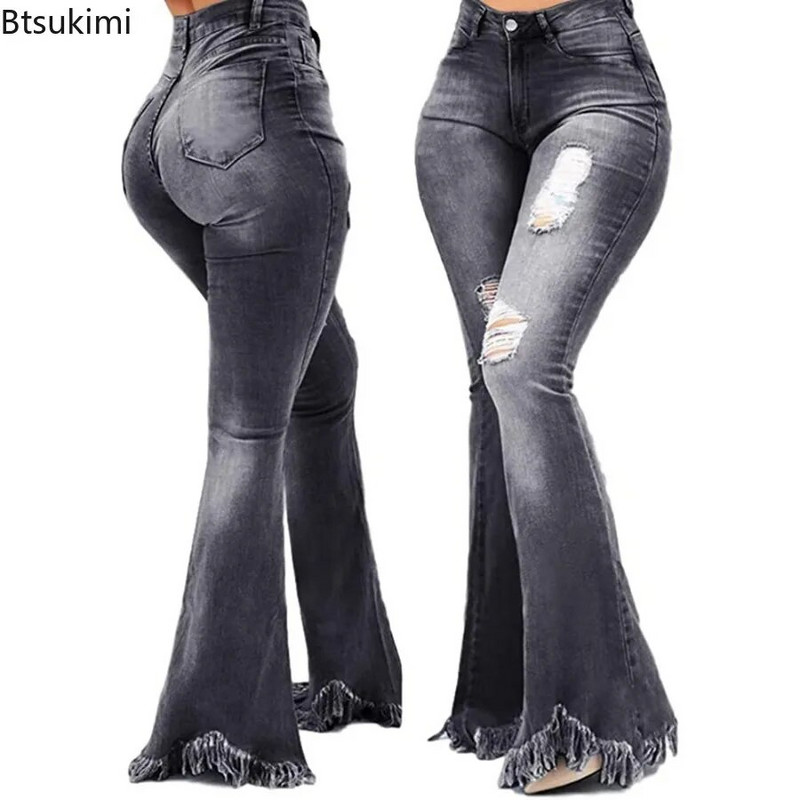 Dámske džínsové rozšírené nohavice z roku 2024 s vysokým pásom, vreckami, dierami, zvonovým spodným dielom, strapcovými manžetami, džínsové nohavice