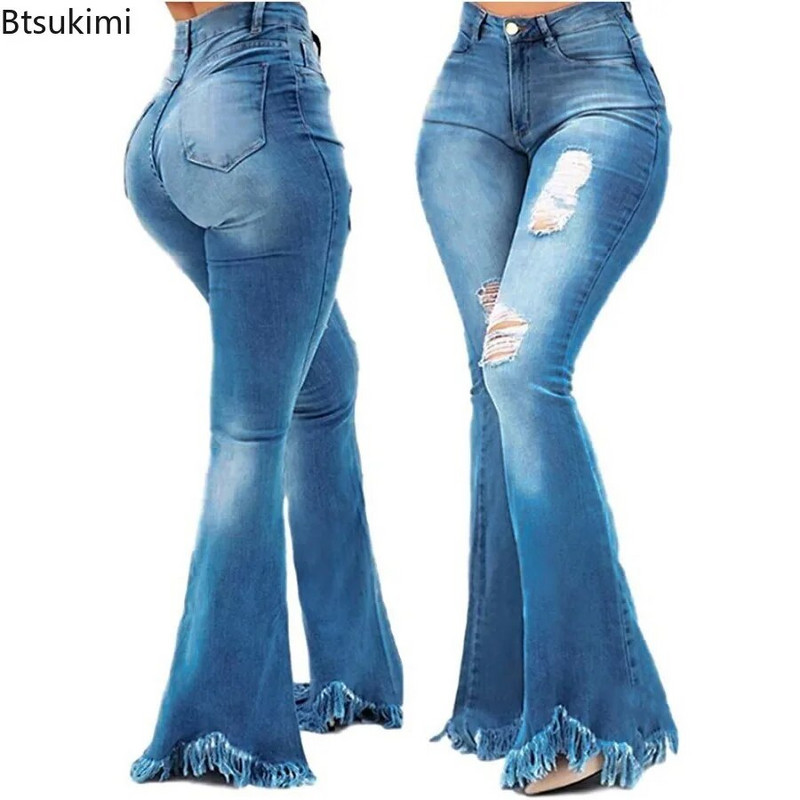 Dámske džínsové rozšírené nohavice z roku 2024 s vysokým pásom, vreckami, dierami, zvonovým spodným dielom, strapcovými manžetami, džínsové nohavice