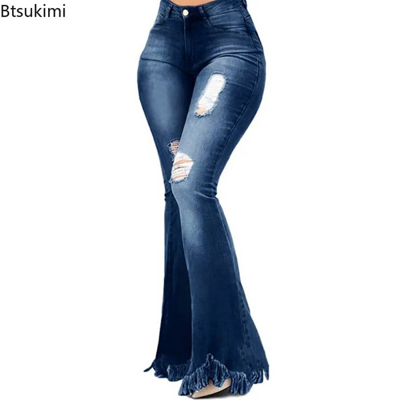 Dámske džínsové rozšírené nohavice z roku 2024 s vysokým pásom, vreckami, dierami, zvonovým spodným dielom, strapcovými manžetami, džínsové nohavice