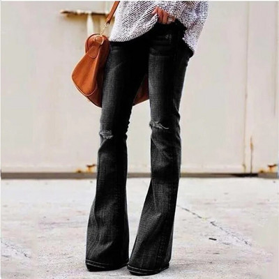 Nové džínsy so stredne dlhým pásom, čierne zvonové roztrhané dámske džínsy s úzkym strihom, široké nohavice, plus veľkosť XS-4XL