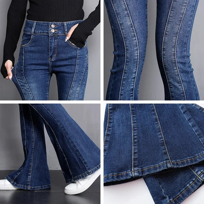 Nové streetwear patchworkové úzke rozšírené džínsy vintage strečové džínsy zvonové nohavice dámske módne kovbojské mopovacie nohavice