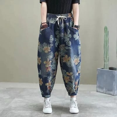 Vrecovité potlačené streetwear džínsy po členky, nadrozmerné 90 kg kvetinové háremové džínsy, retro dámske vysoké nohavice, jarné nové nohavice
