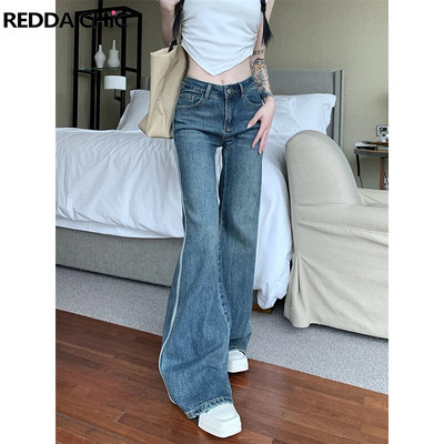 ReddaChic Blugi evazați cu talie joasă de culoare albastră pentru femei Pantaloni slim Fit Pantaloni clopot cu dungi Grunge Y2k Pantaloni bootcut