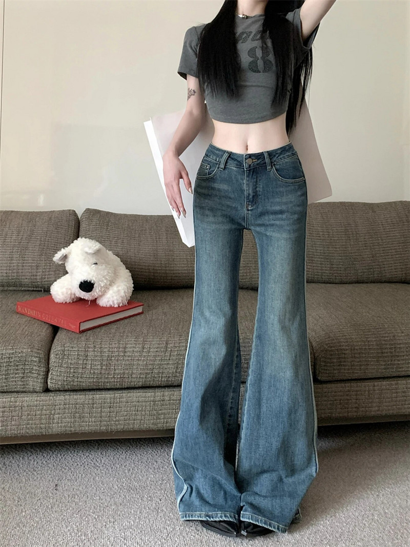 Dámske vintage modré džínsy s nízkym pásom, rozšírené, slim fit nohavice, pruhované zvonové nohavice, grunge, Y2k, bootcut nohavice