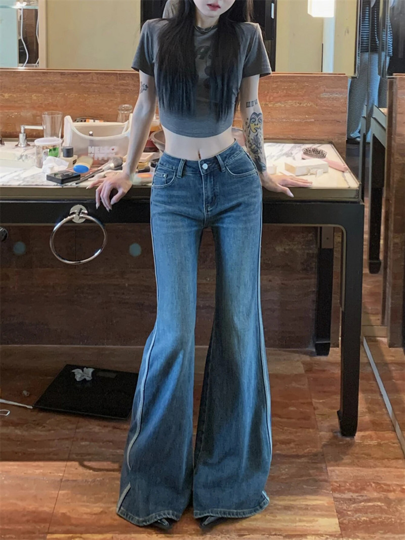 Dámske vintage modré džínsy s nízkym pásom, rozšírené, slim fit nohavice, pruhované zvonové nohavice, grunge, Y2k, bootcut nohavice