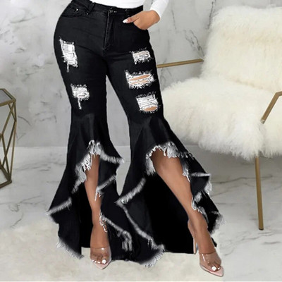 Seksualūs plėšyti džinsai su kutais tuščiaviduriai raukiniai vandens prausiklis Flare džinsinės kelnės Naujos aukšto juosmens Bodycon Hole Moteriškos kelnės klubo apranga
