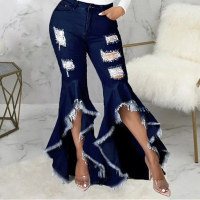 Seksualūs plėšyti džinsai su kutais tuščiaviduriai raukiniai vandens prausiklis Flare džinsinės kelnės Naujos aukšto juosmens Bodycon Hole Moteriškos kelnės klubo apranga