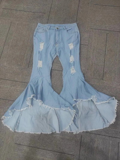 Seksualūs plėšyti džinsai su kutais tuščiaviduriai raukiniai vandens prausiklis Flare džinsinės kelnės Naujos aukšto juosmens Bodycon Hole Moteriškos kelnės klubo apranga