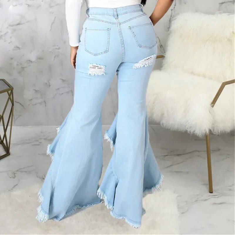 Seksualūs plėšyti džinsai su kutais tuščiaviduriai raukiniai vandens prausiklis Flare džinsinės kelnės Naujos aukšto juosmens Bodycon Hole Moteriškos kelnės klubo apranga