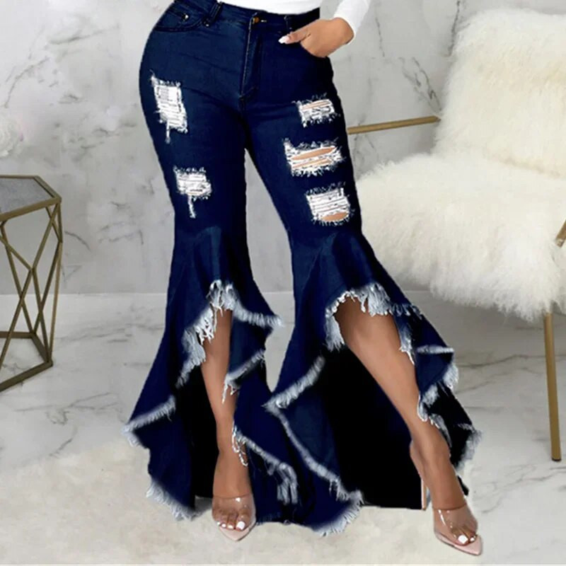 Seksualūs plėšyti džinsai su kutais tuščiaviduriai raukiniai vandens prausiklis Flare džinsinės kelnės Naujos aukšto juosmens Bodycon Hole Moteriškos kelnės klubo apranga