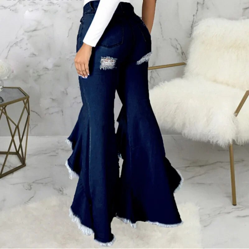 Seksualūs plėšyti džinsai su kutais tuščiaviduriai raukiniai vandens prausiklis Flare džinsinės kelnės Naujos aukšto juosmens Bodycon Hole Moteriškos kelnės klubo apranga