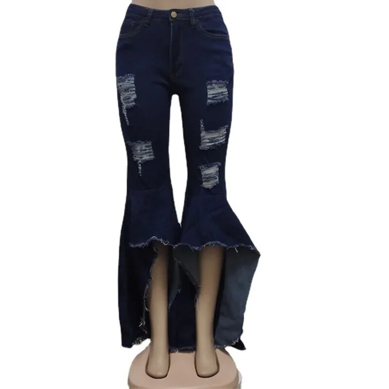 Seksualūs plėšyti džinsai su kutais tuščiaviduriai raukiniai vandens prausiklis Flare džinsinės kelnės Naujos aukšto juosmens Bodycon Hole Moteriškos kelnės klubo apranga