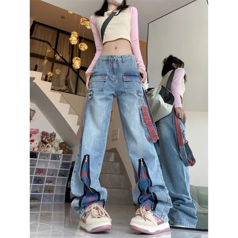 Americké nové hip-hopové rovné retro zipsové džínsy s hviezdnym dizajnom, sense tooling, Y2K Street, dopamínové nohavice so širokými nohavicami pre mužov a ženy