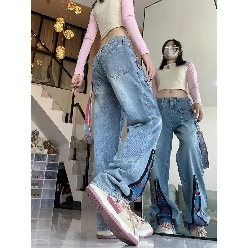 Americké nové hip-hopové rovné retro zipsové džínsy s hviezdnym dizajnom, sense tooling, Y2K Street, dopamínové nohavice so širokými nohavicami pre mužov a ženy