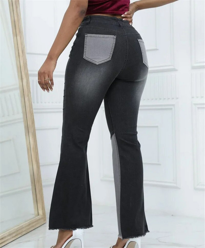 Moda cu talie înaltă, blugi evazați, spălați, pentru femei, ocazional pentru navetiști, pantaloni din denim cu picioare largi, pentru femei, șic, cu blocare a culorii, pantaloni mozaic