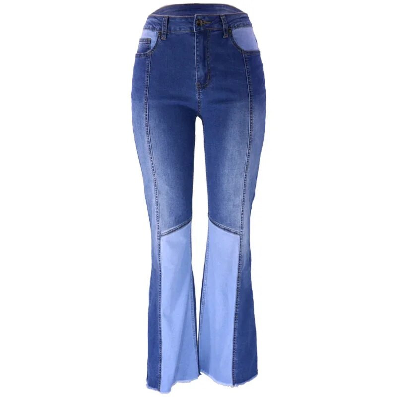 Moda cu talie înaltă, blugi evazați, spălați, pentru femei, ocazional pentru navetiști, pantaloni din denim cu picioare largi, pentru femei, șic, cu blocare a culorii, pantaloni mozaic