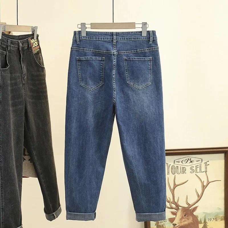 Jarné nové bábätkové rifle s vysokým pásom, voľné dámske rifle veľkej veľkosti, dámske háremové nohavice, džínsy pre mamičky