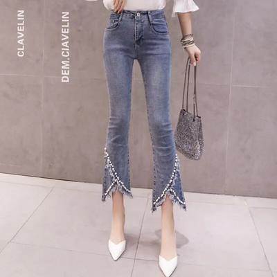 Pantaloni evazați, evazați, cu fundul cu clopoței, cu talie înaltă, pantaloni de denim decupați pentru femei, scurti și capris, albastru perlat, blugi de damă A Gyaru R