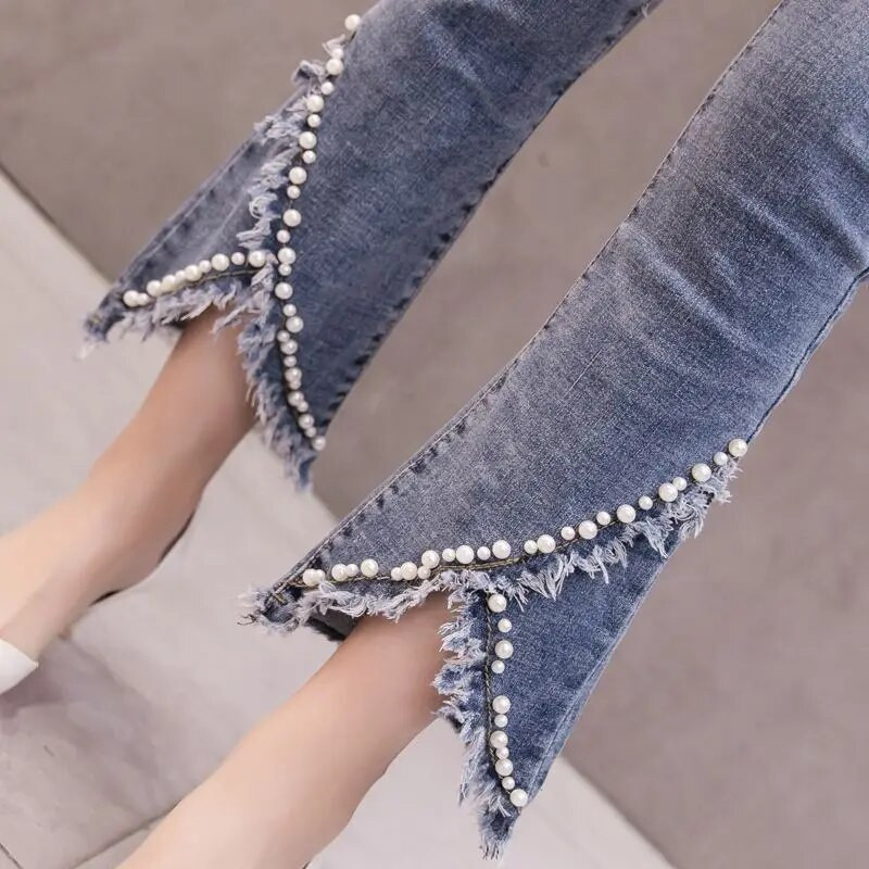 Pantaloni evazați, evazați, cu fundul cu clopoței, cu talie înaltă, pantaloni de denim decupați pentru femei, scurti și capris, albastru perlat, blugi de damă A Gyaru R