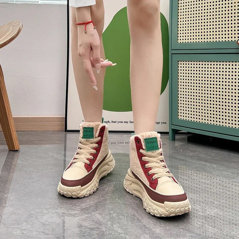 Moteriški žieminiai batai trumpi pliušiniai platforminiai sportbačiai, suvarstomi vulkanizuojantys, suvarstomi, moteriški šilumai, sniego batai, moteriški 2023 m. Prabangūs Botas Mujer