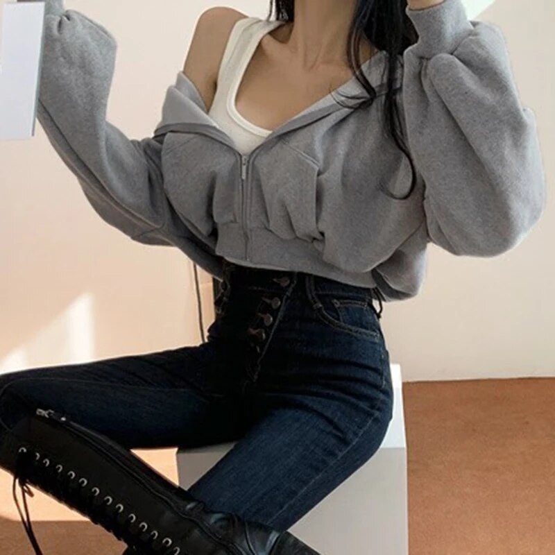 Hanorace scurte pentru femei, culoare solidă, hanorac pentru damă, trening, cu mânecă lungă, crop top pentru femei, haine coreene de modă Harajuku