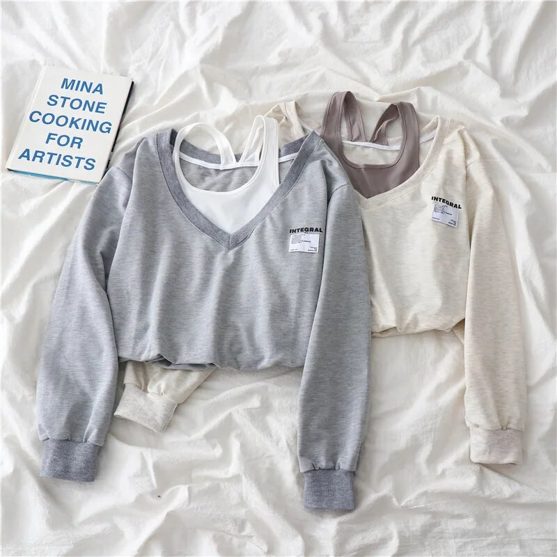 Γυναικεία Fake Two Pieces Strapless Crop Top Harajuku Μακρυμάνικο Casual Γυναικείο πουλόβερ Κορεάτικο κοντό μπλουζάκι με λαιμόκοψη V