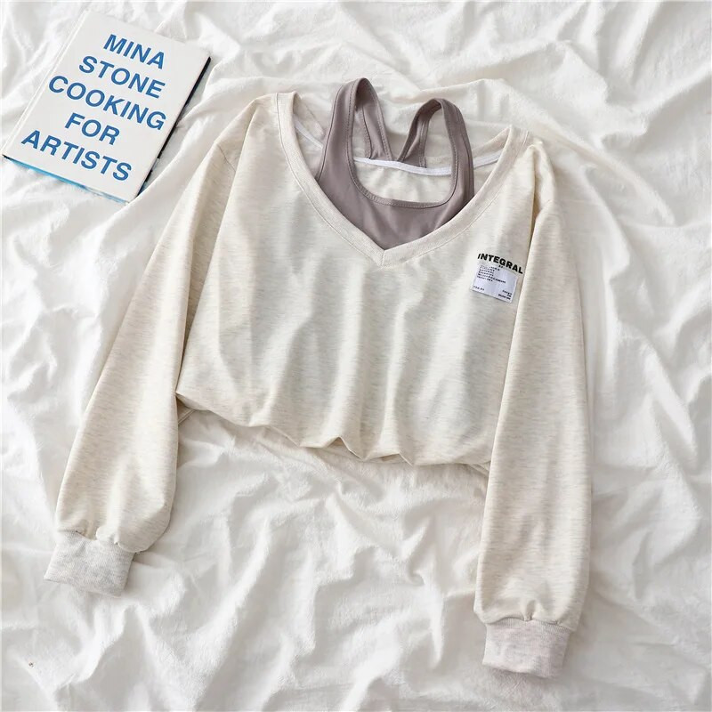 Γυναικεία Fake Two Pieces Strapless Crop Top Harajuku Μακρυμάνικο Casual Γυναικείο πουλόβερ Κορεάτικο κοντό μπλουζάκι με λαιμόκοψη V