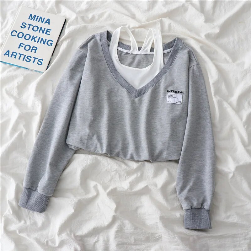 Γυναικεία Fake Two Pieces Strapless Crop Top Harajuku Μακρυμάνικο Casual Γυναικείο πουλόβερ Κορεάτικο κοντό μπλουζάκι με λαιμόκοψη V