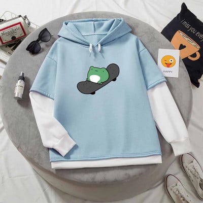 Kawaii Skateboard Frog Hoodie Color Block Φούτερ Υπερμεγέθη Γυναικείες κουκούλες Harajuku Ζεστό πουλόβερ με κουκούλα Χαριτωμένα ρούχα