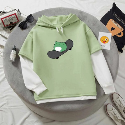 Kawaii Skateboard Frog Hoodie Color Block Φούτερ Υπερμεγέθη Γυναικείες κουκούλες Harajuku Ζεστό πουλόβερ με κουκούλα Χαριτωμένα ρούχα