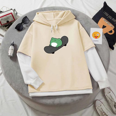 Kawaii Skateboard Frog Hoodie Color Block Φούτερ Υπερμεγέθη Γυναικείες κουκούλες Harajuku Ζεστό πουλόβερ με κουκούλα Χαριτωμένα ρούχα