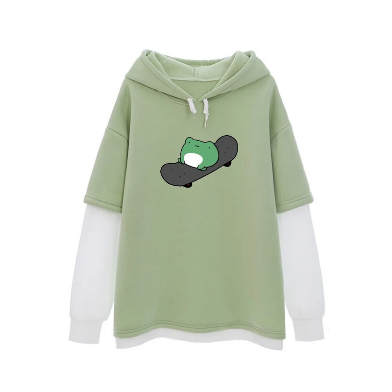 Kawaii Skateboard Frog Hoodie Color Block Φούτερ Υπερμεγέθη Γυναικείες κουκούλες Harajuku Ζεστό πουλόβερ με κουκούλα Χαριτωμένα ρούχα