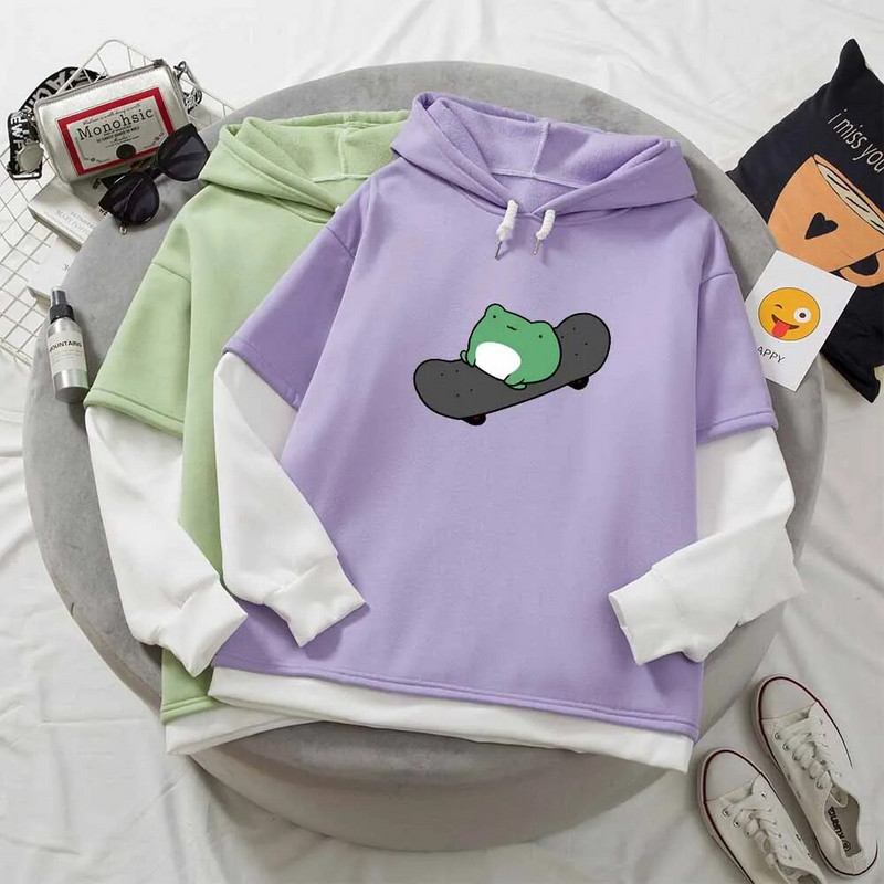 Kawaii Skateboard Frog Hoodie Color Block Φούτερ Υπερμεγέθη Γυναικείες κουκούλες Harajuku Ζεστό πουλόβερ με κουκούλα Χαριτωμένα ρούχα