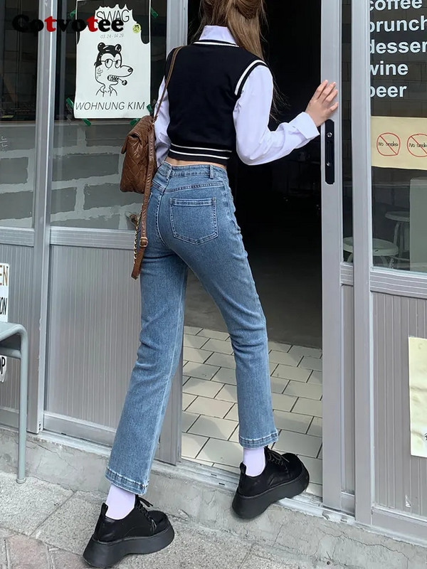 Cotvotee Modré džínsy pre ženy 2023 Nová móda Vintage Chic džínsy s vysokým pásom Streetwear Rovné slim rozšírené džínsy Y2k nohavice