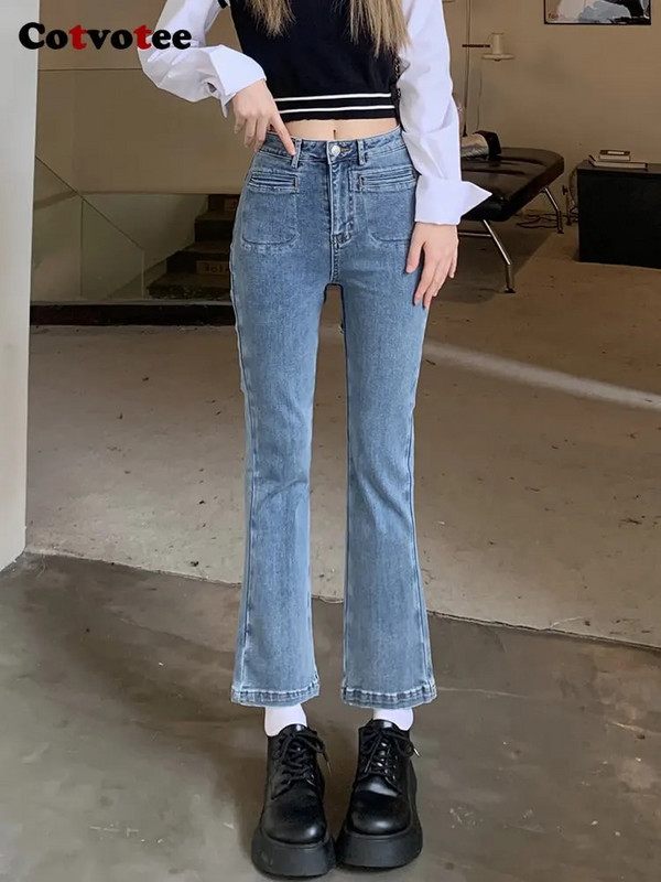 Cotvotee Modré džínsy pre ženy 2023 Nová móda Vintage Chic džínsy s vysokým pásom Streetwear Rovné slim rozšírené džínsy Y2k nohavice