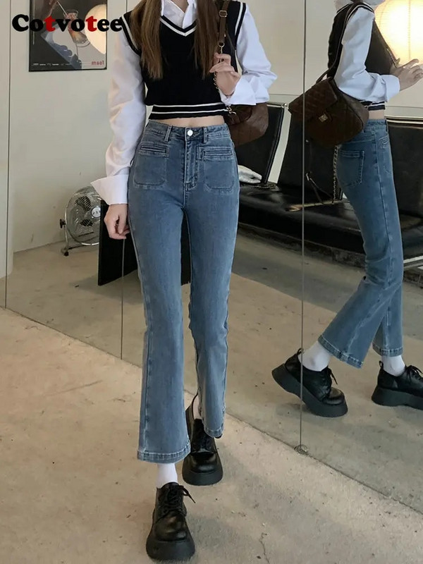 Cotvotee Modré džínsy pre ženy 2023 Nová móda Vintage Chic džínsy s vysokým pásom Streetwear Rovné slim rozšírené džínsy Y2k nohavice