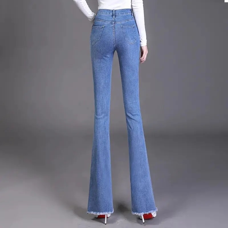 Primăvară Toamnă Garniturii noi tendințe Pantaloni din denim cu talie înaltă pentru femei, broderii coreeni, buzunare cu nasturi, spălare, blugi subțiri cu micro flare