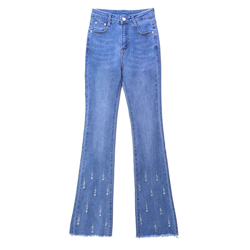 Primăvară Toamnă Garniturii noi tendințe Pantaloni din denim cu talie înaltă pentru femei, broderii coreeni, buzunare cu nasturi, spălare, blugi subțiri cu micro flare