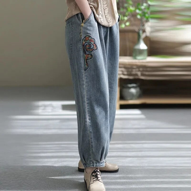 Broderie vintage y2k Streetwear Blugi largi Femei Pantaloni largi din denim Design Capris șic Coreean Vaqueros Pantaloni casual
