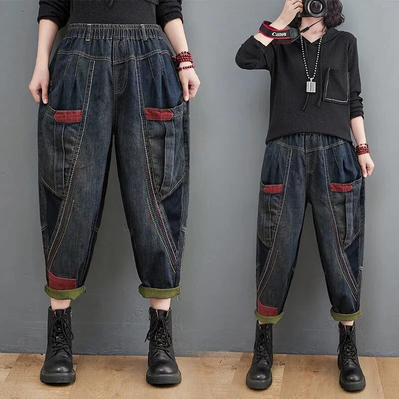 Broderie vintage y2k Streetwear Blugi largi Femei Pantaloni largi din denim Design Capris șic Coreean Vaqueros Pantaloni casual