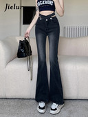 Jielur Vintage Hot Girls Flare Džinsai Moteriški Rudeniniai Korėjos Džinsinės Kelnės Nauji Kasdieniai Aukšto Liemens Liekni Juodi Džinsai Moterims Tuščiaviduriai
