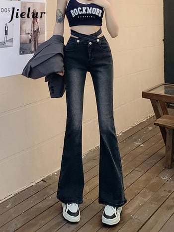 Jielur Vintage Hot Girls Flare Jeans Γυναικεία φθινοπωρινά Κορεατικά τζιν παντελόνια Νέο casual ψηλόμεσο λεπτό μαύρο τζιν για γυναίκες Hollow out